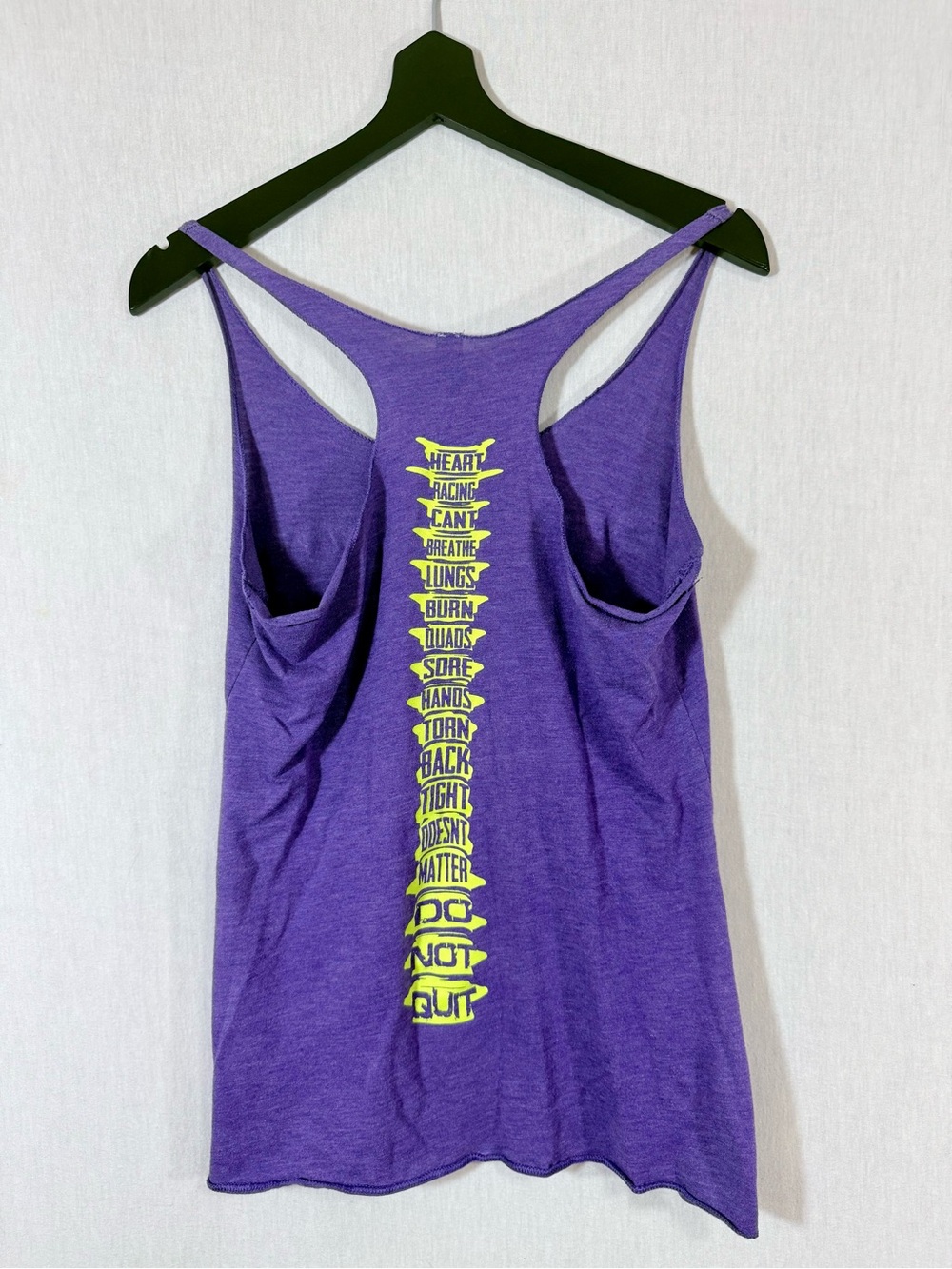 Next Level Apparel S Purple Racerback workout Tank with Yellow spine Graphic